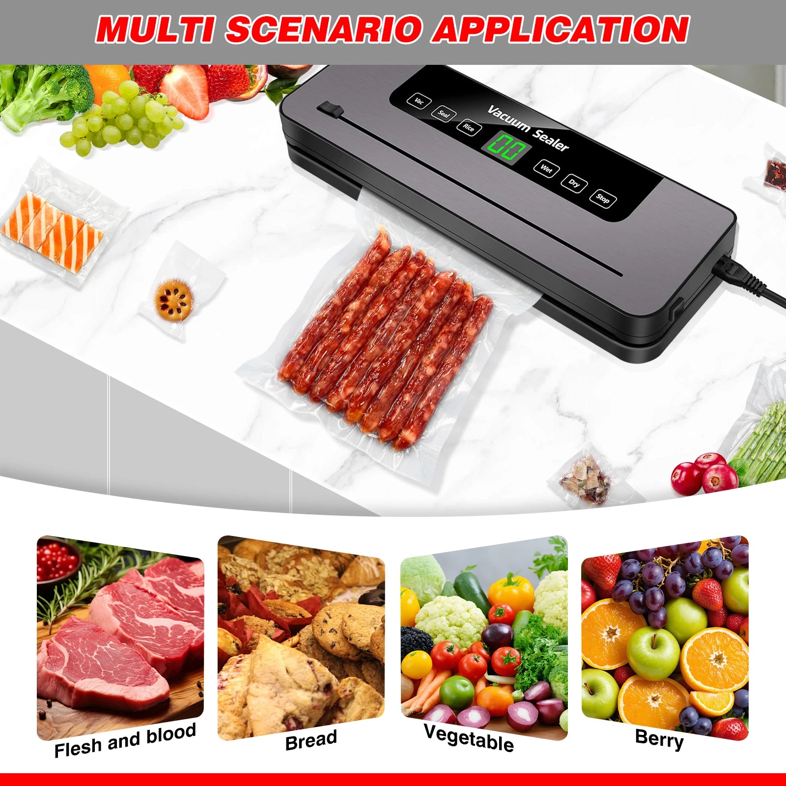 Electric Sealing Machine Automatic Vacuum Sealer 60Kpa Vacuum Food Sealer Dry Wet Packing with 10 Free Sealing Bags