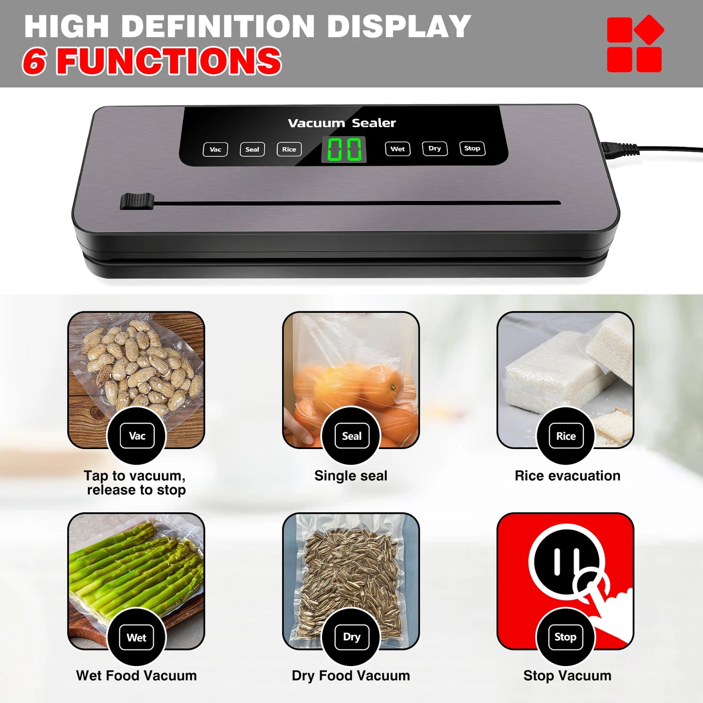 Electric Sealing Machine Automatic Vacuum Sealer 60Kpa Vacuum Food Sealer Dry Wet Packing with 10 Free Sealing Bags