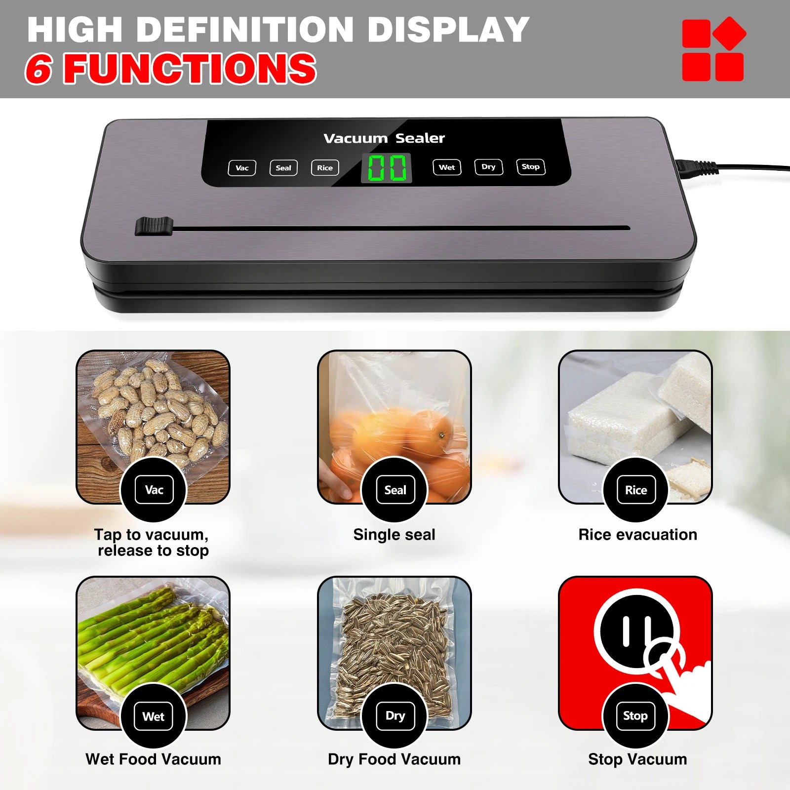 Electric Sealing Machine Automatic Vacuum Sealer 60Kpa Vacuum Food Sealer Dry Wet Packing with 10 Free Sealing Bags
