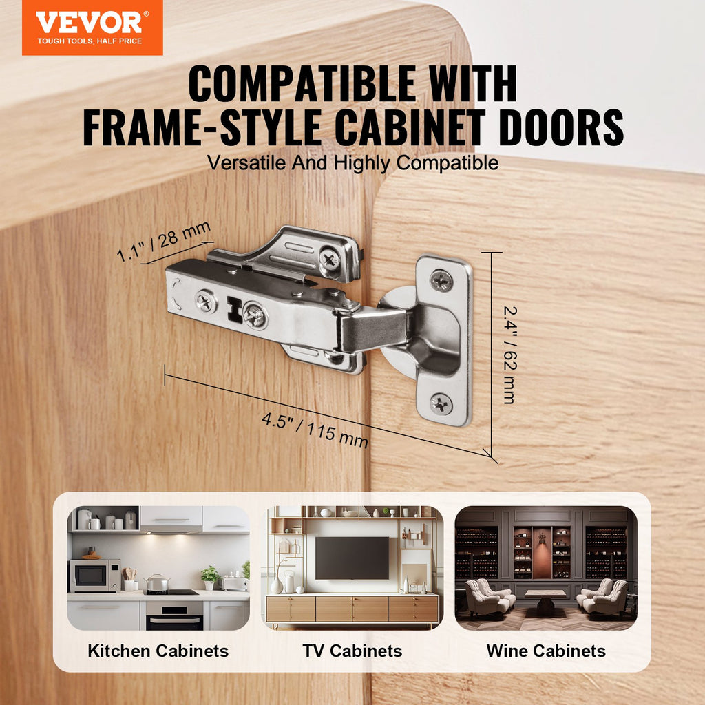 Cabinet Hinges, 50 Packs Full Overlay Kitchen Cabinet Door Hinges, 100 Degree Opening Angel Soft Close Concealed Cupboard Hinges for Framed + Frameless Cabinet Type, with Mounting Screws